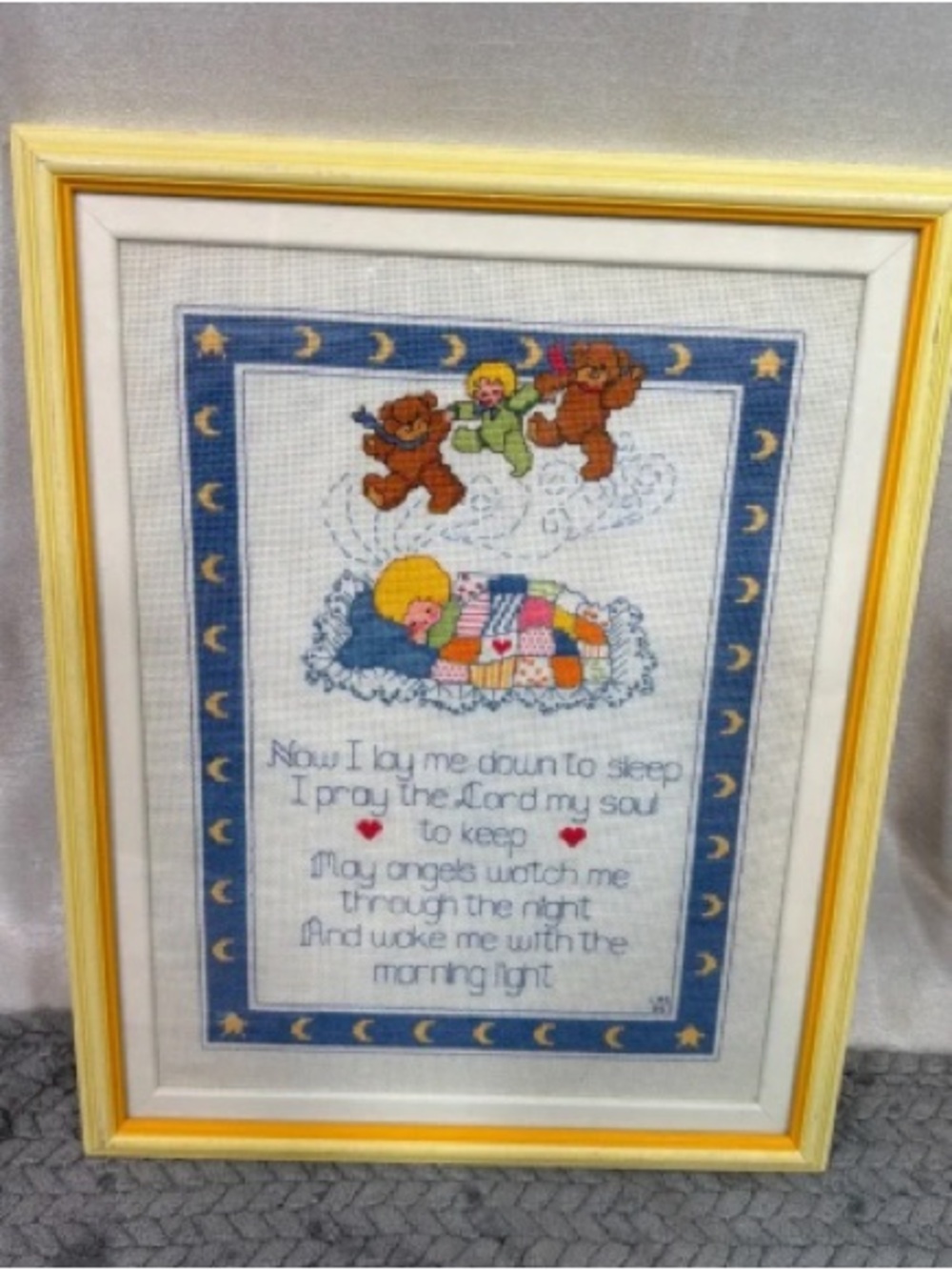 Framed Nursery Prayer Cross-Stitch in Yellow and Blue